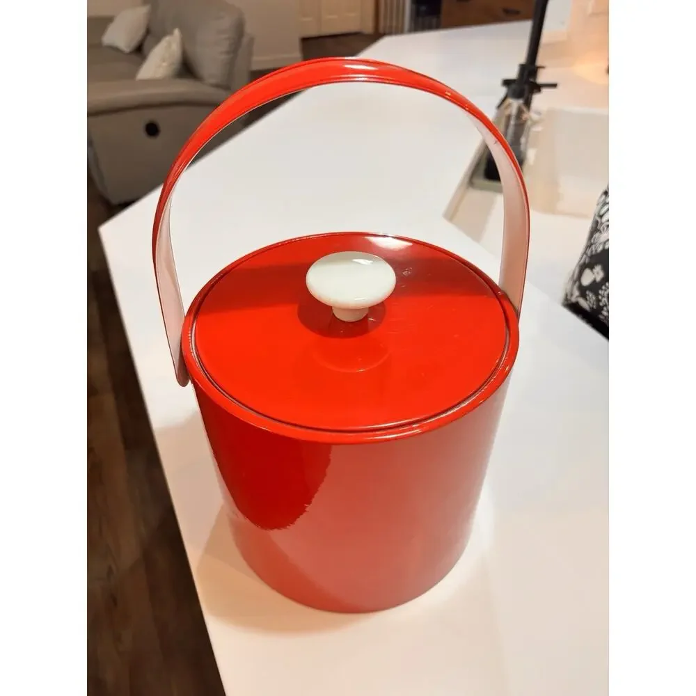 50's Vintage Royal Red White Patent Leather Ice Bucket Mid Century Modern MCM